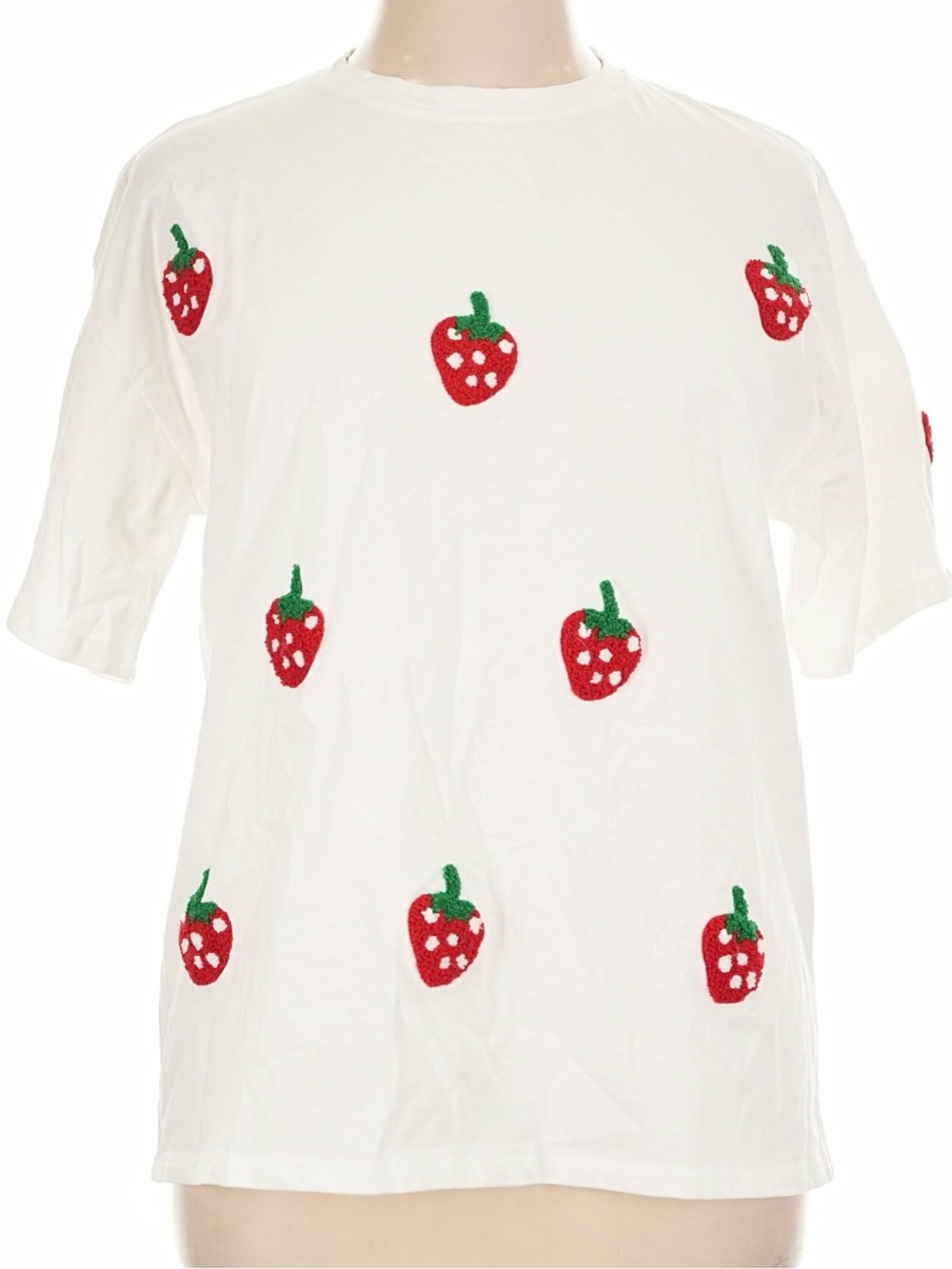 White Chenille Embroidered Strawberry Short Sleeve Tee